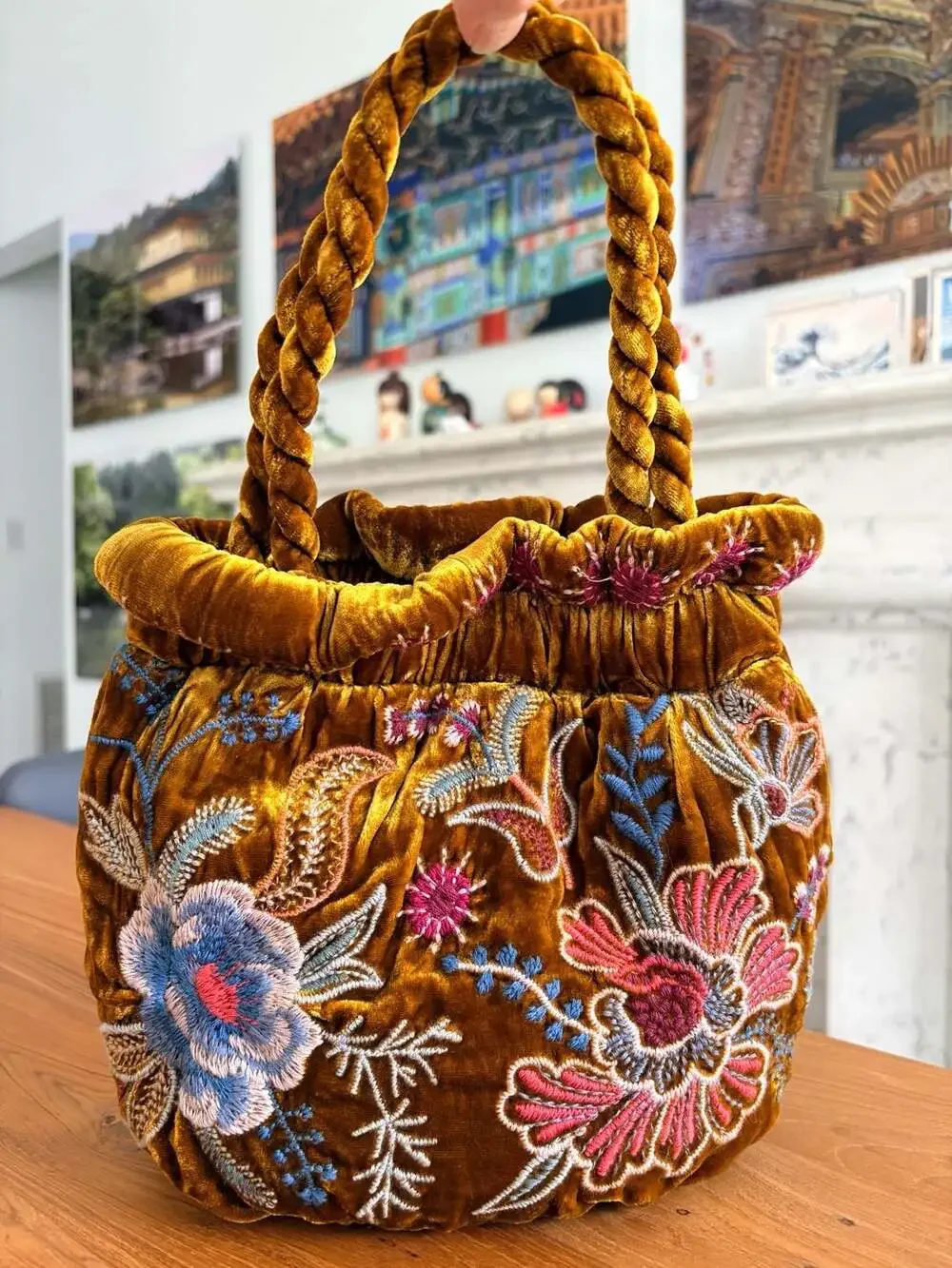 Johnny Was Ulla Velvet Embroidered Pouch Purse in Mustard Gold NWOT - Picture 3 of 10